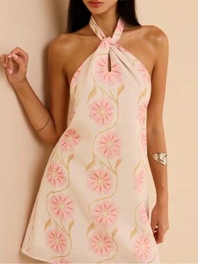 Commense Halter Neck Floral Mini Dress in Pink and Cream in XL